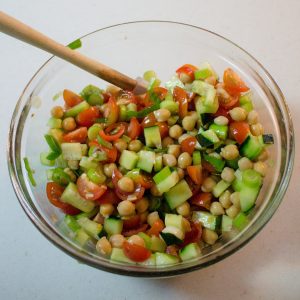 This chunky Greek vegetable salad is the perfect side dish, but the chickpeas mean it's also hearty enough to be a lunch in itself!