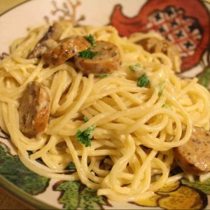 I love easy weeknight pastas. This one has sausage, mushrooms, and an easy egg sauce!