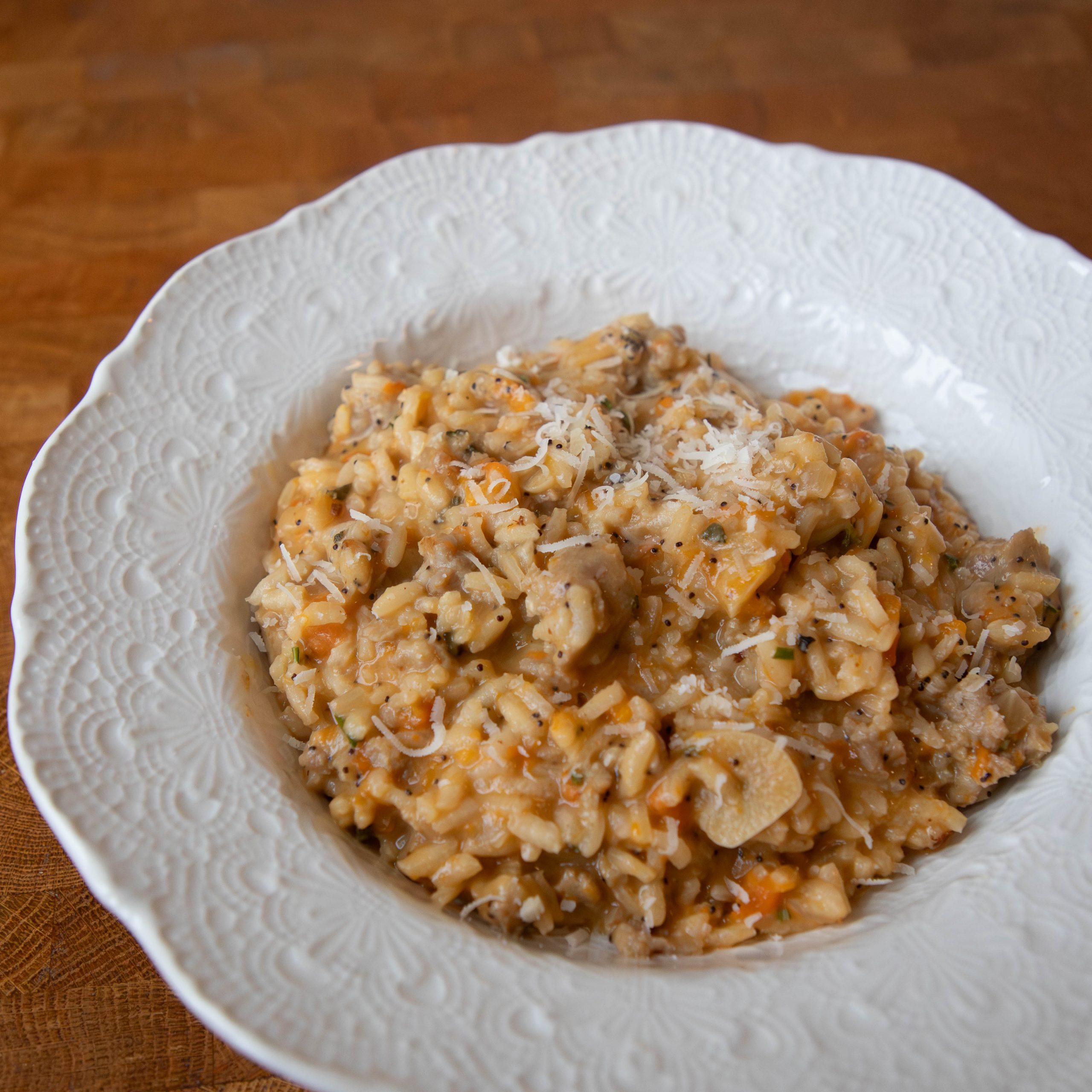 Butternut squash risotto with sausage is the best date night dinner ever!