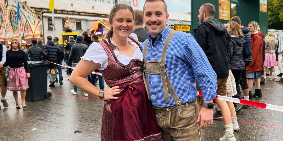 Munich Oktoberfest in lederhosen and dirndl